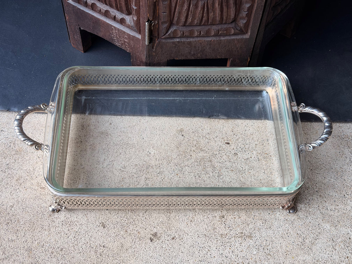 Vintage Silverplate Pierced Footed Casserole Holder Pyrex 232 2 Qt Dish 16.8"