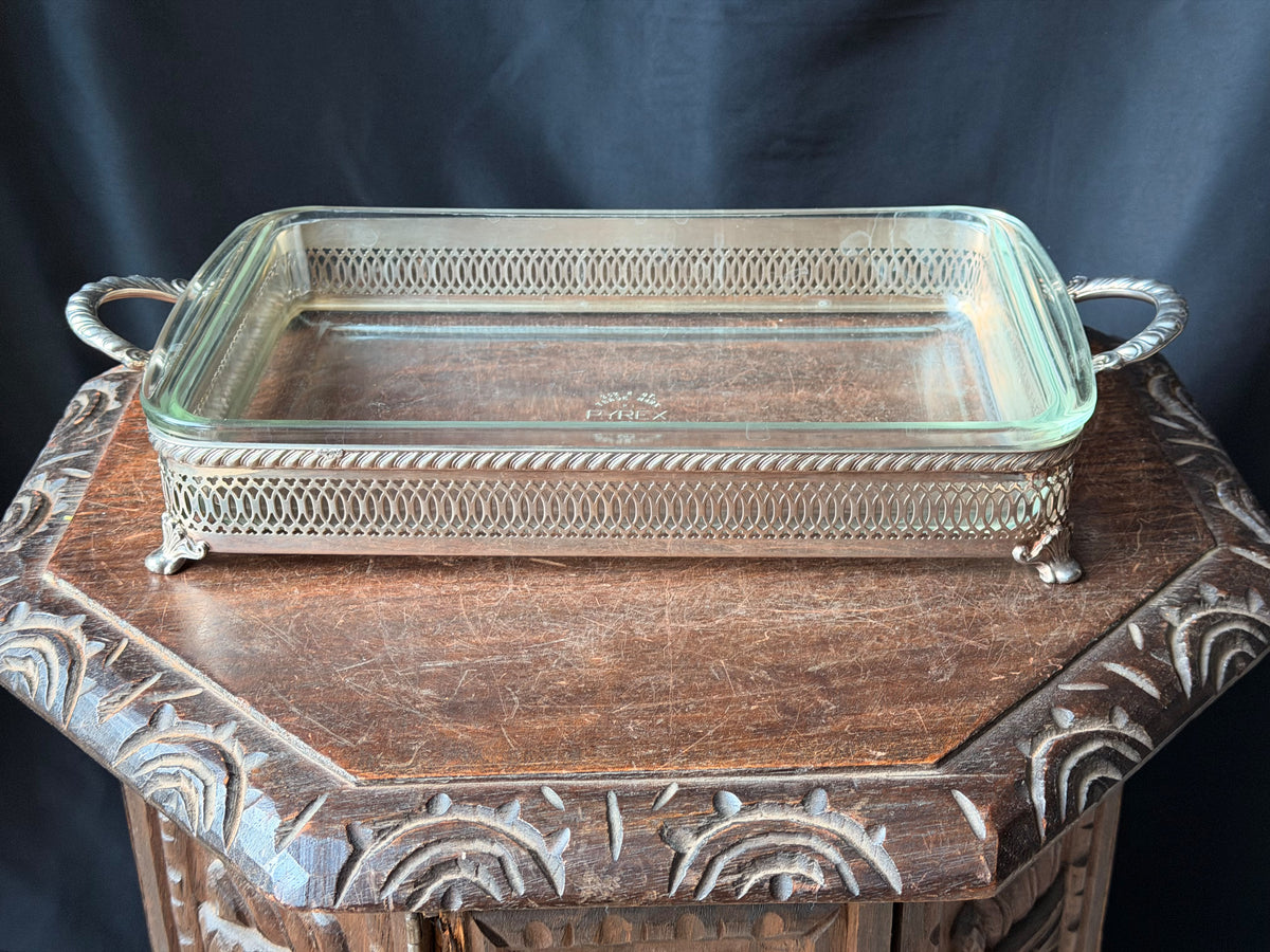 Vintage Silverplate Pierced Footed Casserole Holder Pyrex 232 2 Qt Dish 16.8"