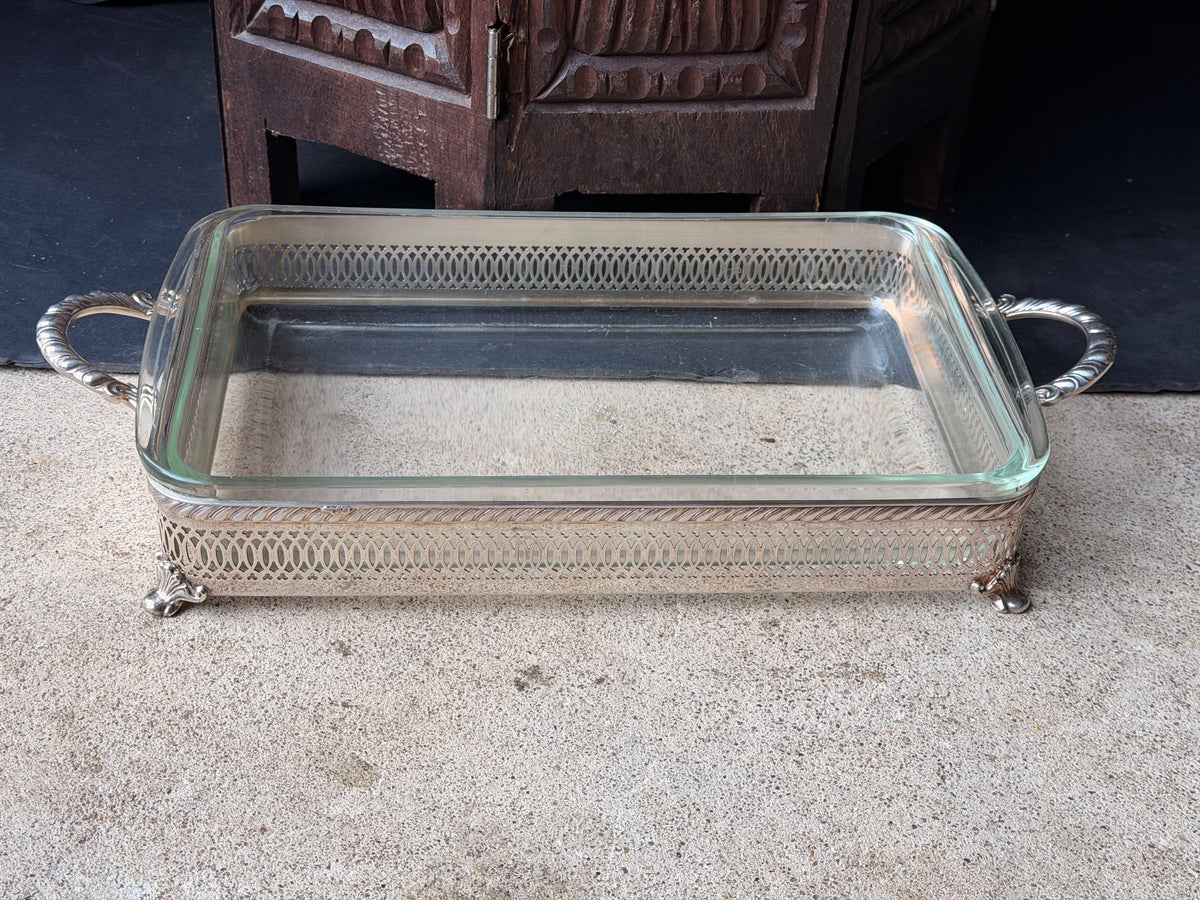 Vintage Silverplate Pierced Footed Casserole Holder Pyrex 232 2 Qt Dish 16.8"