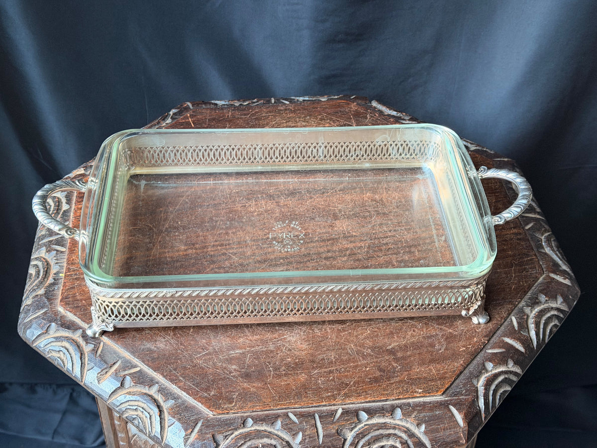 Vintage Silverplate Pierced Footed Casserole Holder Pyrex 232 2 Qt Dish 16.8"