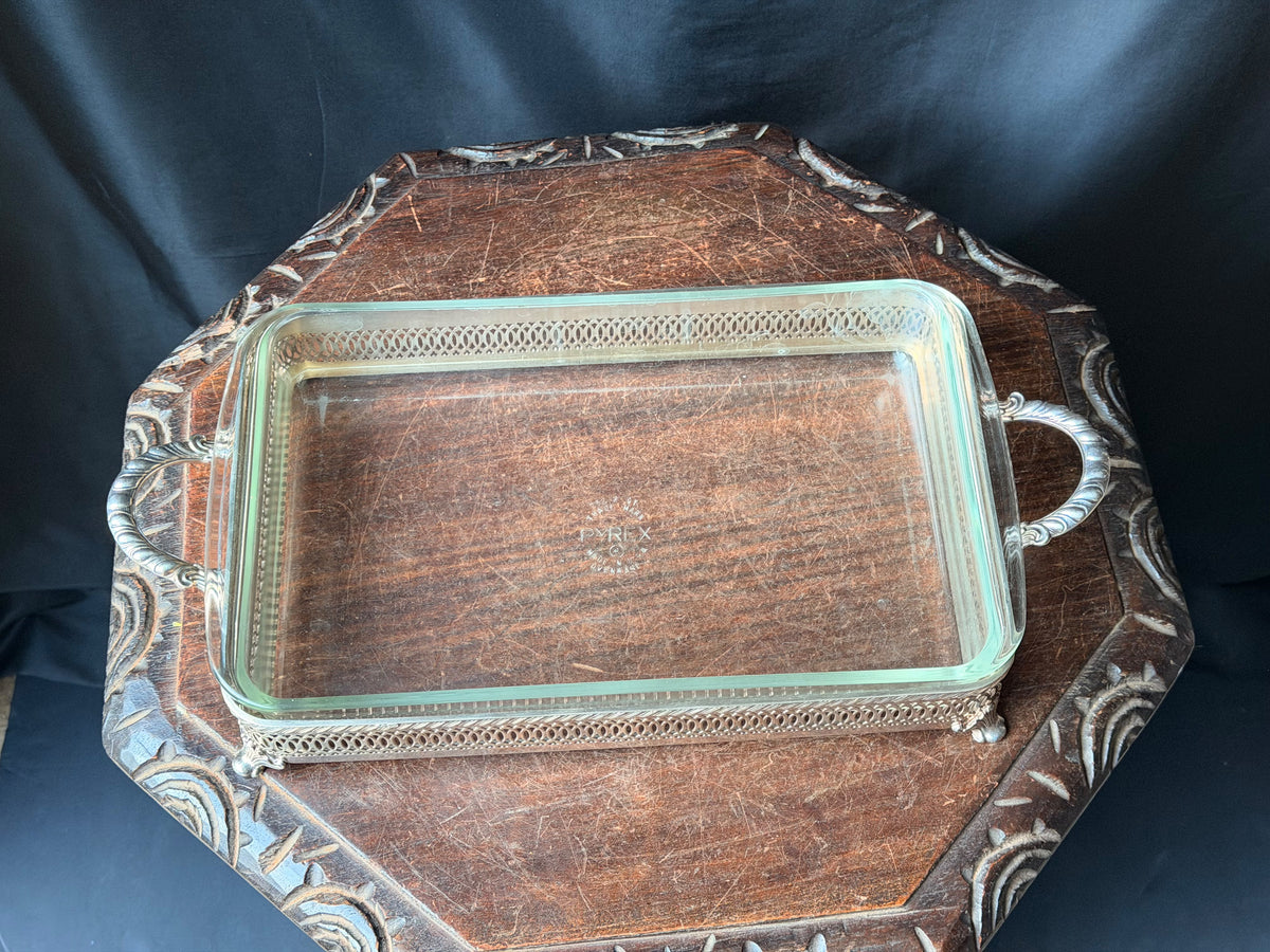 Vintage Silverplate Pierced Footed Casserole Holder Pyrex 232 2 Qt Dish 16.8"