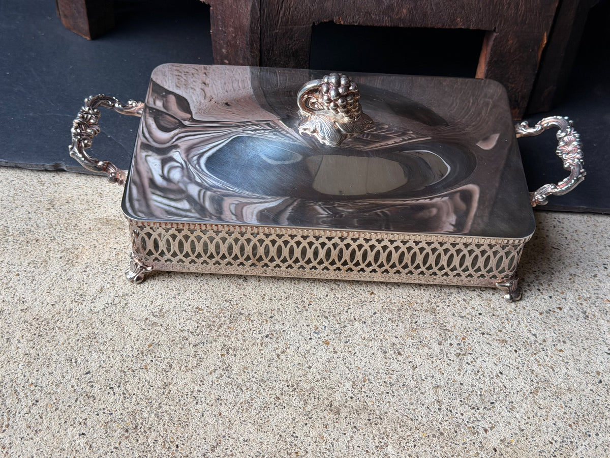 Vintage Silverplate Pierced Covered Divided Relish Dish Grape Finial Glass 9"
