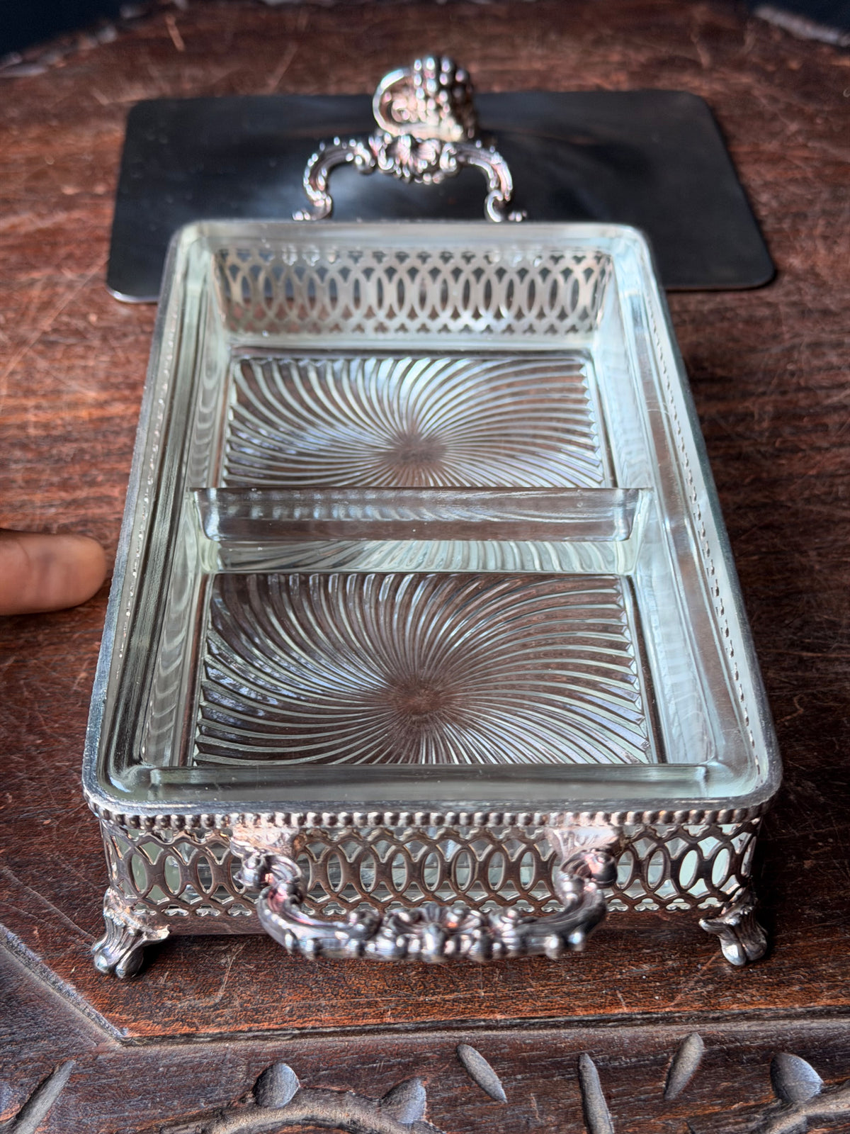 Vintage Silverplate Pierced Covered Divided Relish Dish Grape Finial Glass 9"