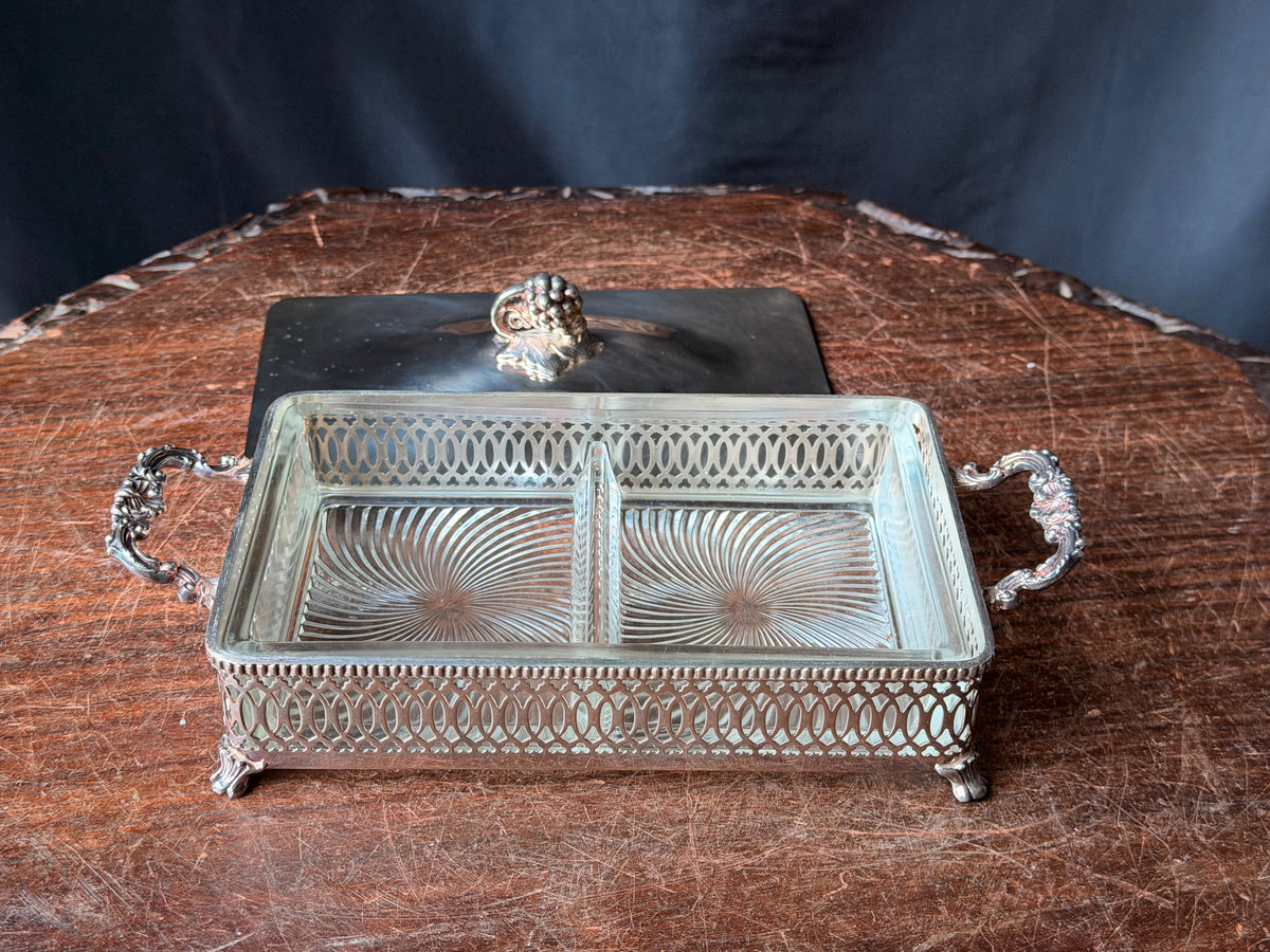 Vintage Silverplate Pierced Covered Divided Relish Dish Grape Finial Glass 9"