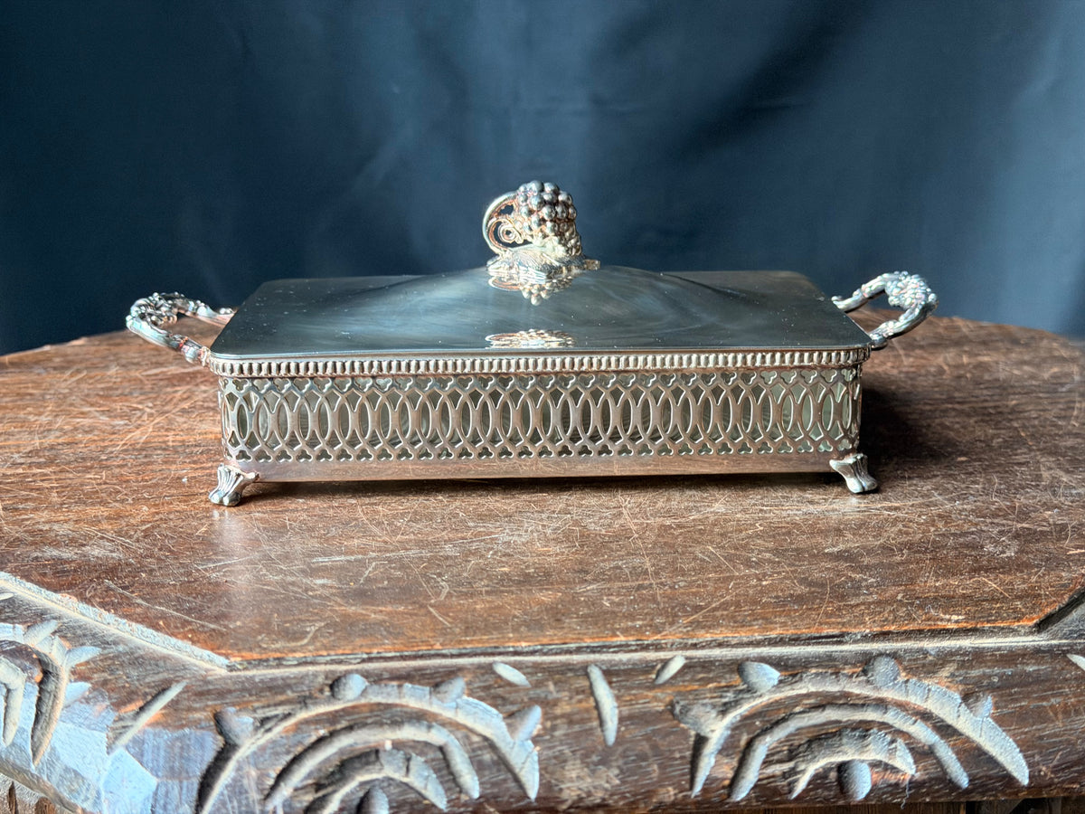 Vintage Silverplate Pierced Covered Divided Relish Dish Grape Finial Glass 9"