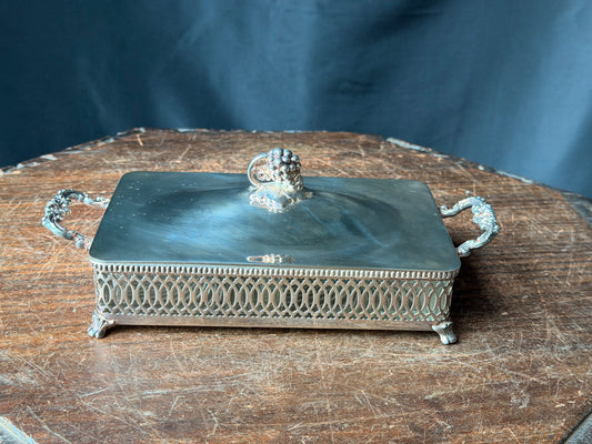 Vintage Silverplate Pierced Covered Divided Relish Dish Grape Finial Glass 9"