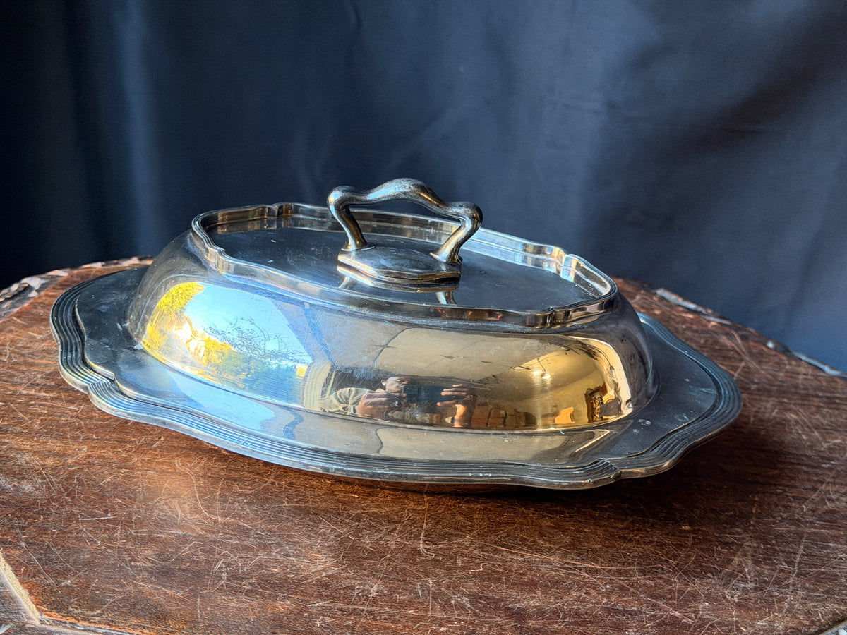 Vintage FB Rogers Sheffield Silverplate Covered Oval Entree Dish Reeded 11.3"