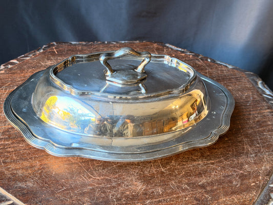 Vintage FB Rogers Sheffield Silverplate Covered Oval Entree Dish Reeded 11.3"