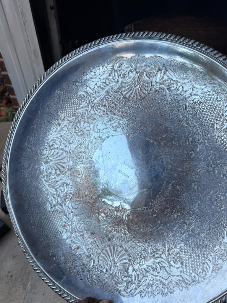 Vintage English Silver Mfg Silverplate Round Engraved Serving Tray Gadroon 17.7"