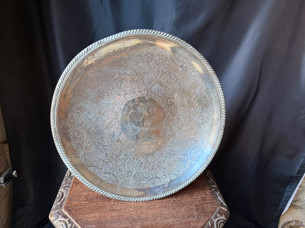 Vintage English Silver Mfg Silverplate Round Engraved Serving Tray Gadroon 17.7"
