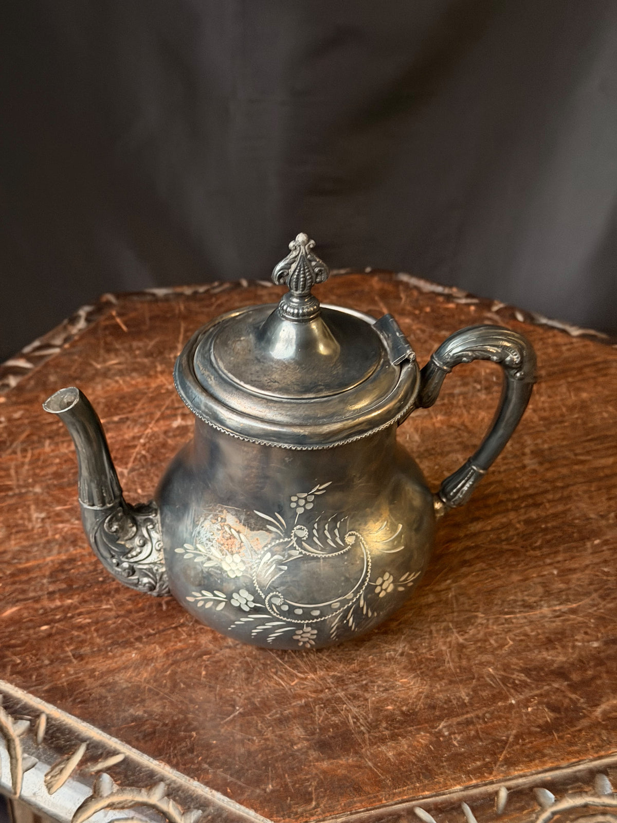 Antique Forbes Silver Co Quadruple Silverplate Teapot Engraved Floral #177 7.8"