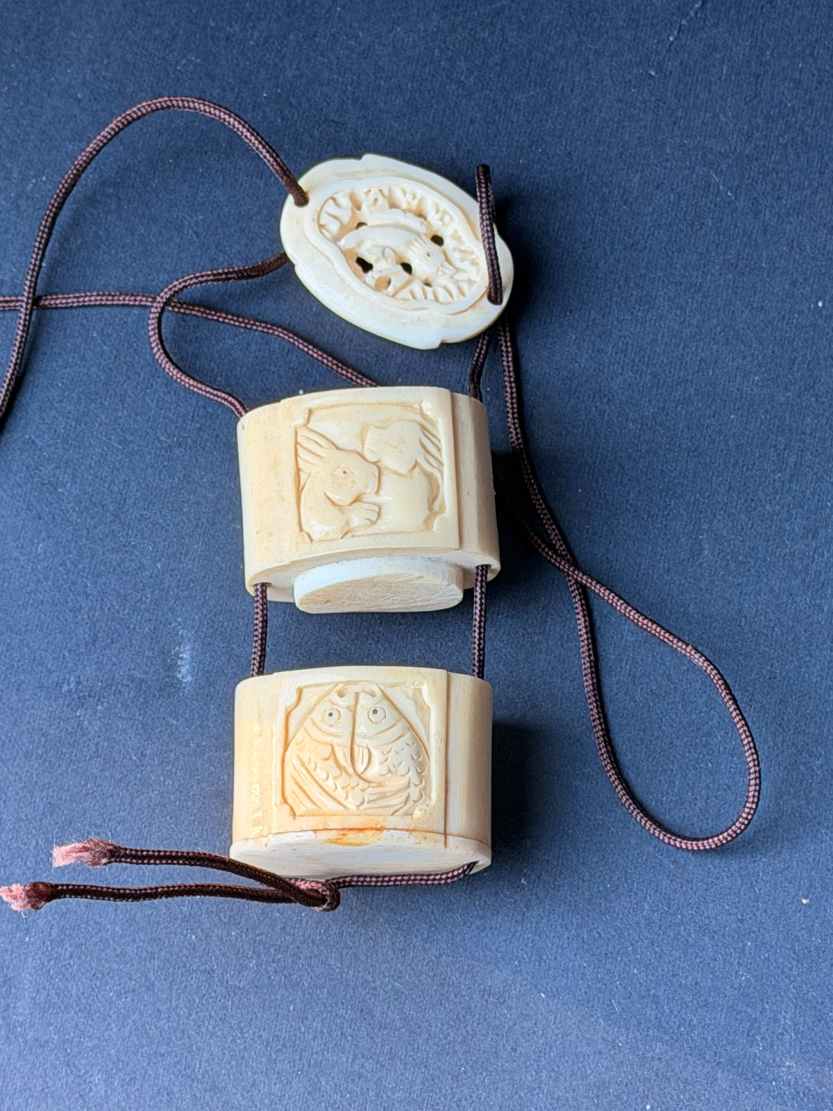 Vintage Carved Bovine Bone Inro Two Case Box Rabbits & Carp Openwork Lid 2.2 In