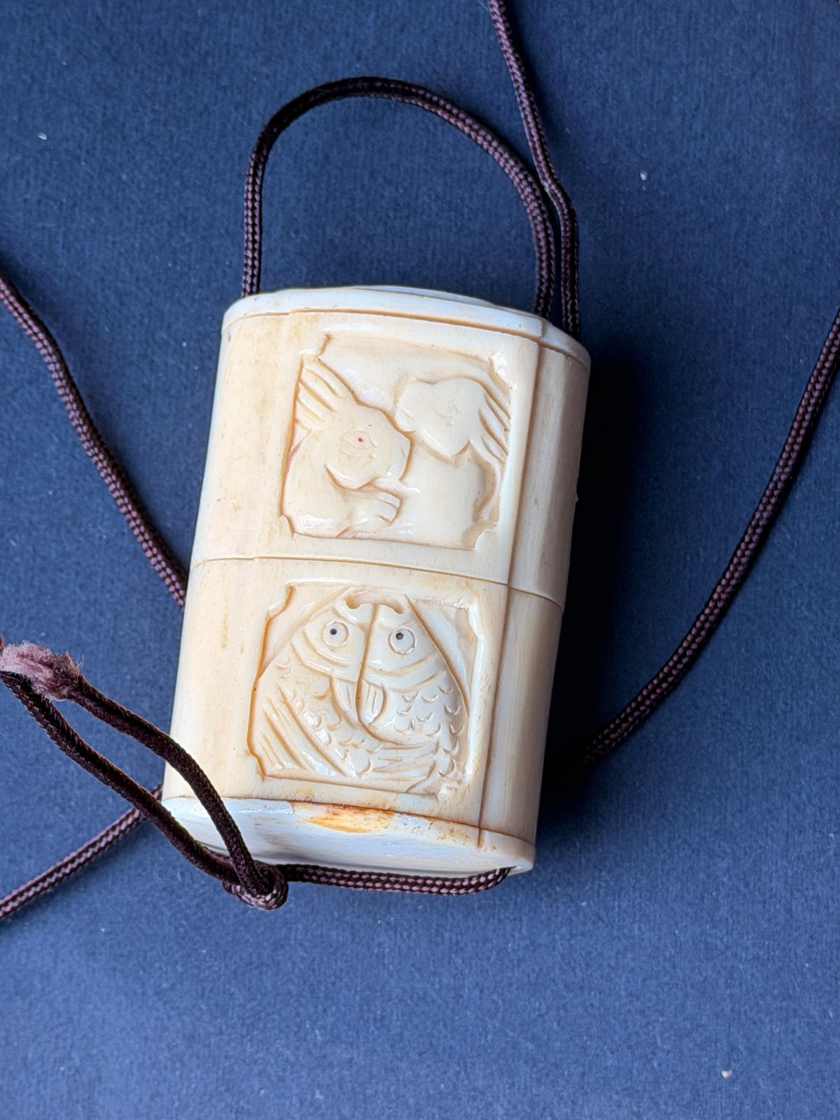 Vintage Carved Bovine Bone Inro Two Case Box Rabbits & Carp Openwork Lid 2.2 In