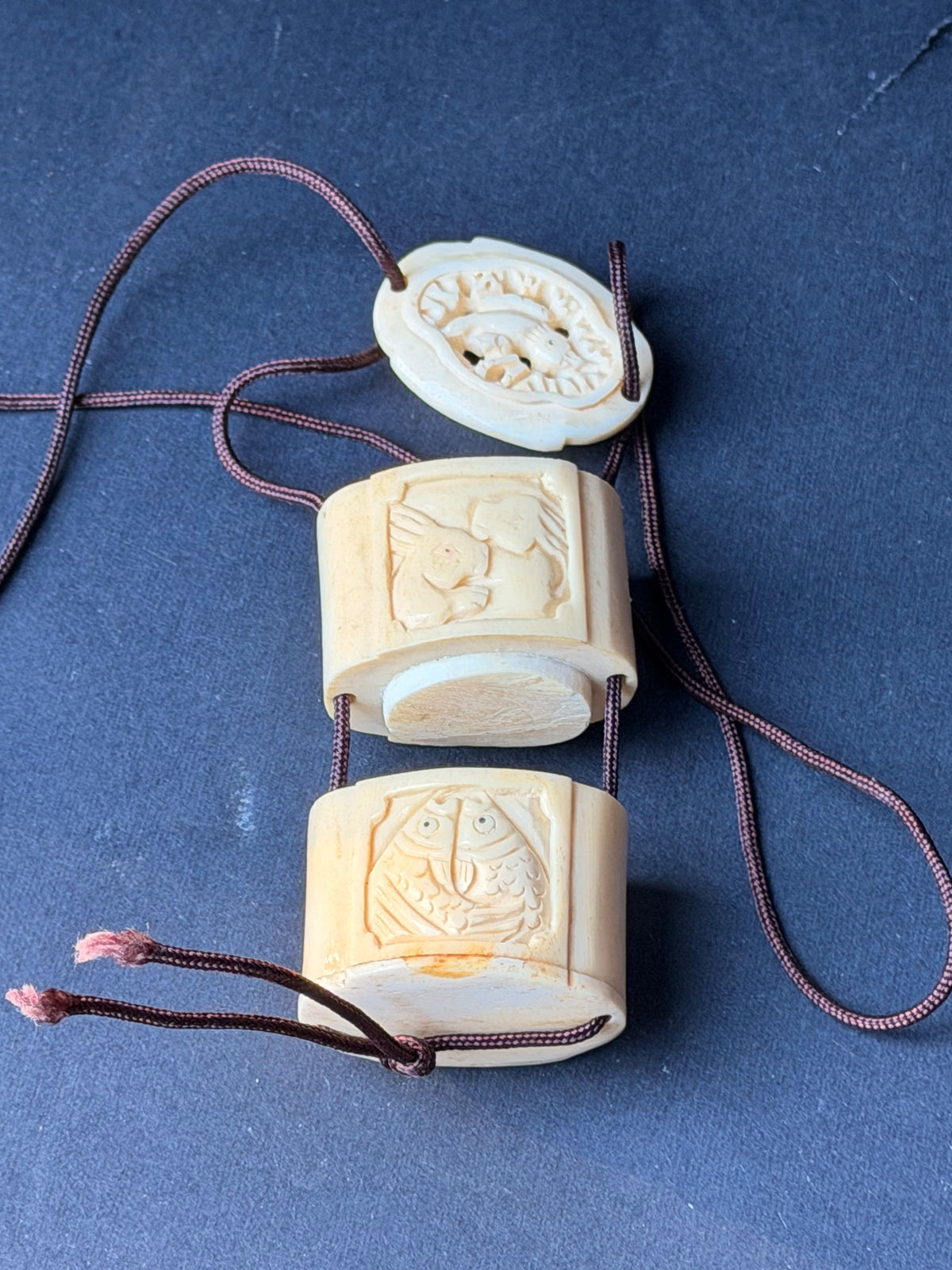 Vintage Carved Bovine Bone Inro Two Case Box Rabbits & Carp Openwork Lid 2.2 In