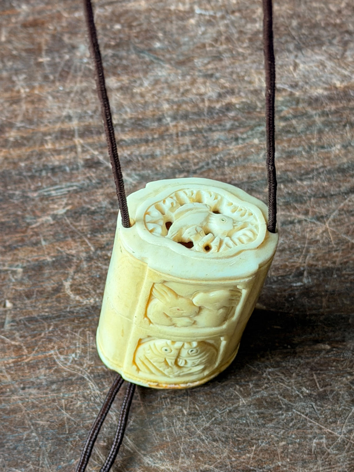 Vintage Carved Bovine Bone Inro Two Case Box Rabbits & Carp Openwork Lid 2.2 In