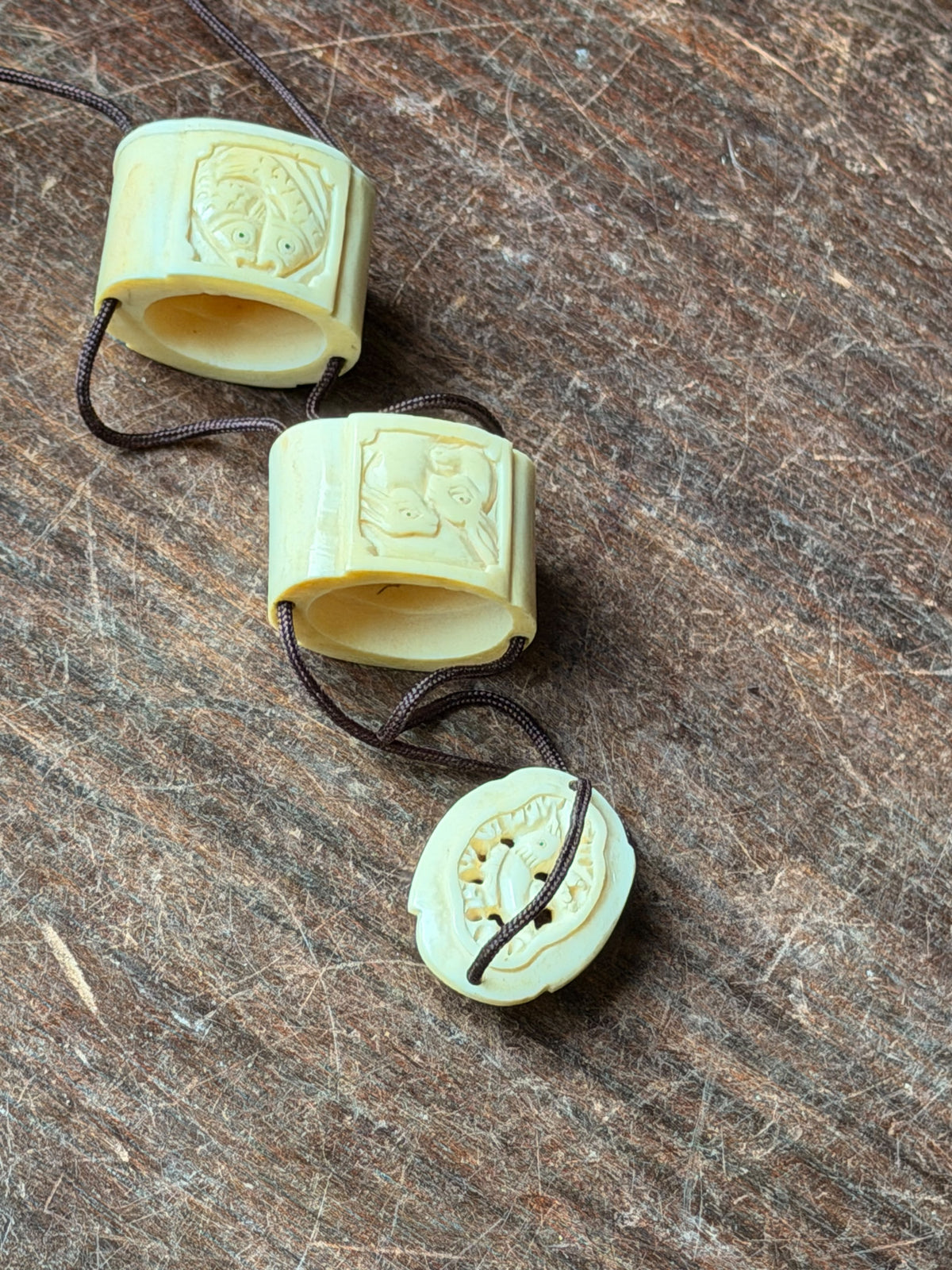 Vintage Carved Bovine Bone Inro Two Case Box Rabbits & Carp Openwork Lid 2.2 In
