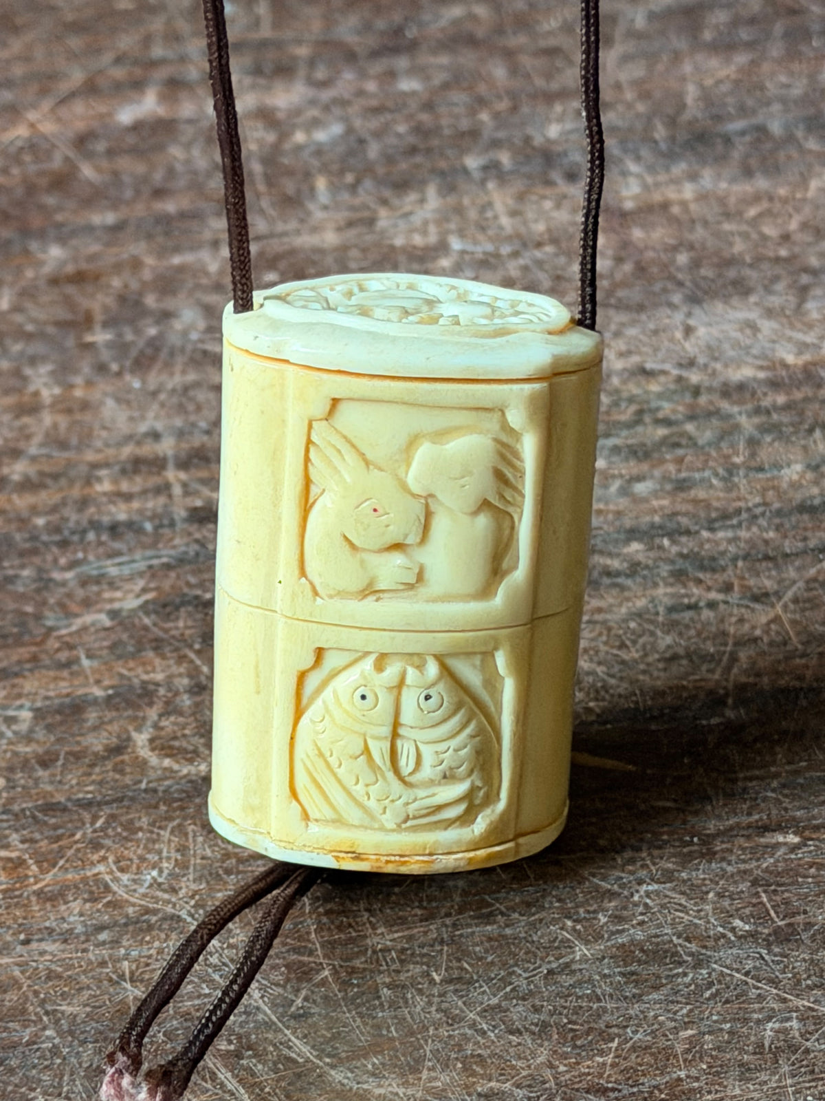 Vintage Carved Bovine Bone Inro Two Case Box Rabbits & Carp Openwork Lid 2.2 In