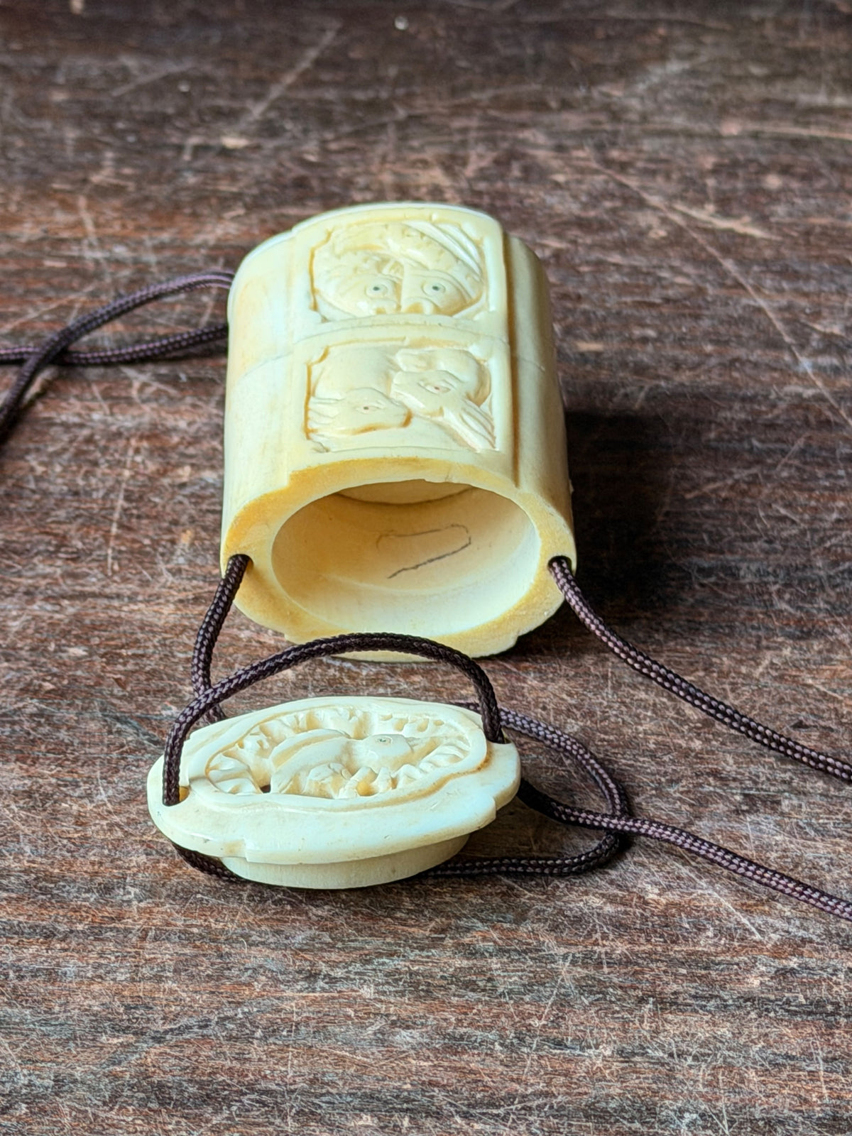 Vintage Carved Bovine Bone Inro Two Case Box Rabbits & Carp Openwork Lid 2.2 In
