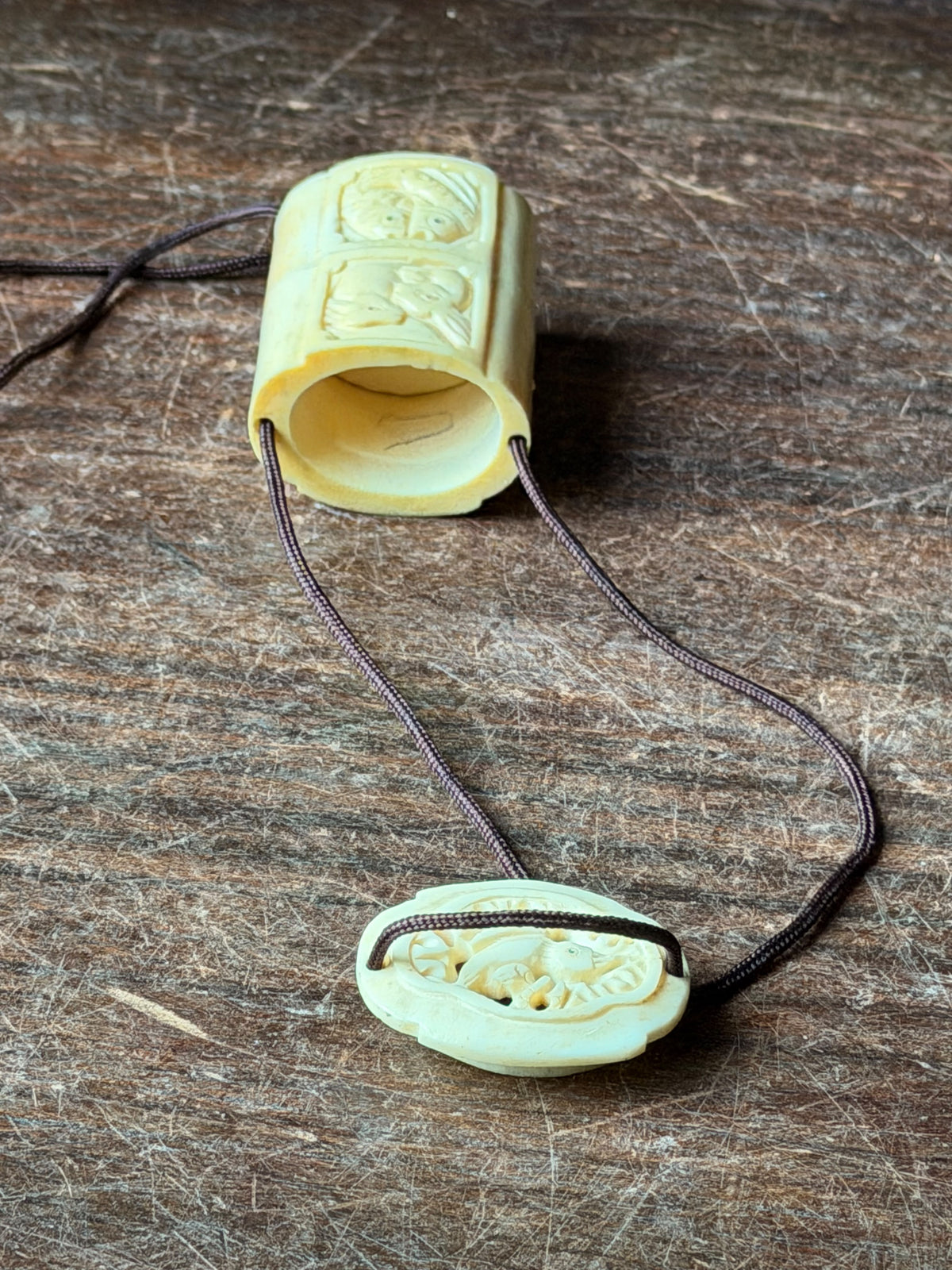 Vintage Carved Bovine Bone Inro Two Case Box Rabbits & Carp Openwork Lid 2.2 In