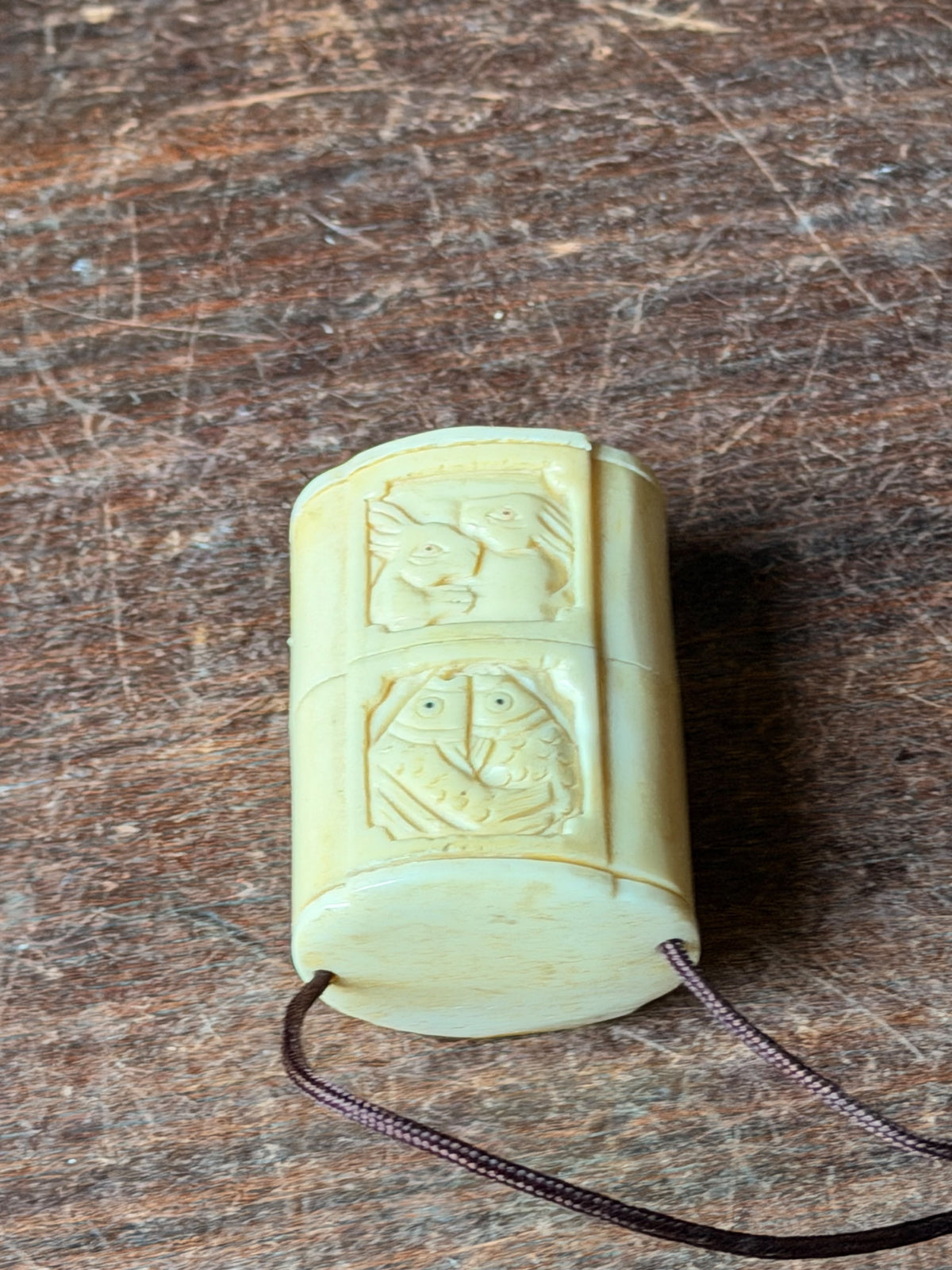 Vintage Carved Bovine Bone Inro Two Case Box Rabbits & Carp Openwork Lid 2.2 In