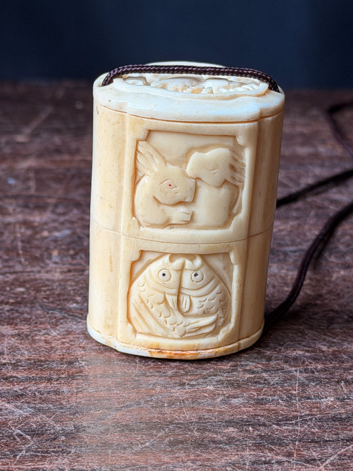 Vintage Carved Bovine Bone Inro Two Case Box Rabbits & Carp Openwork Lid 2.2 In