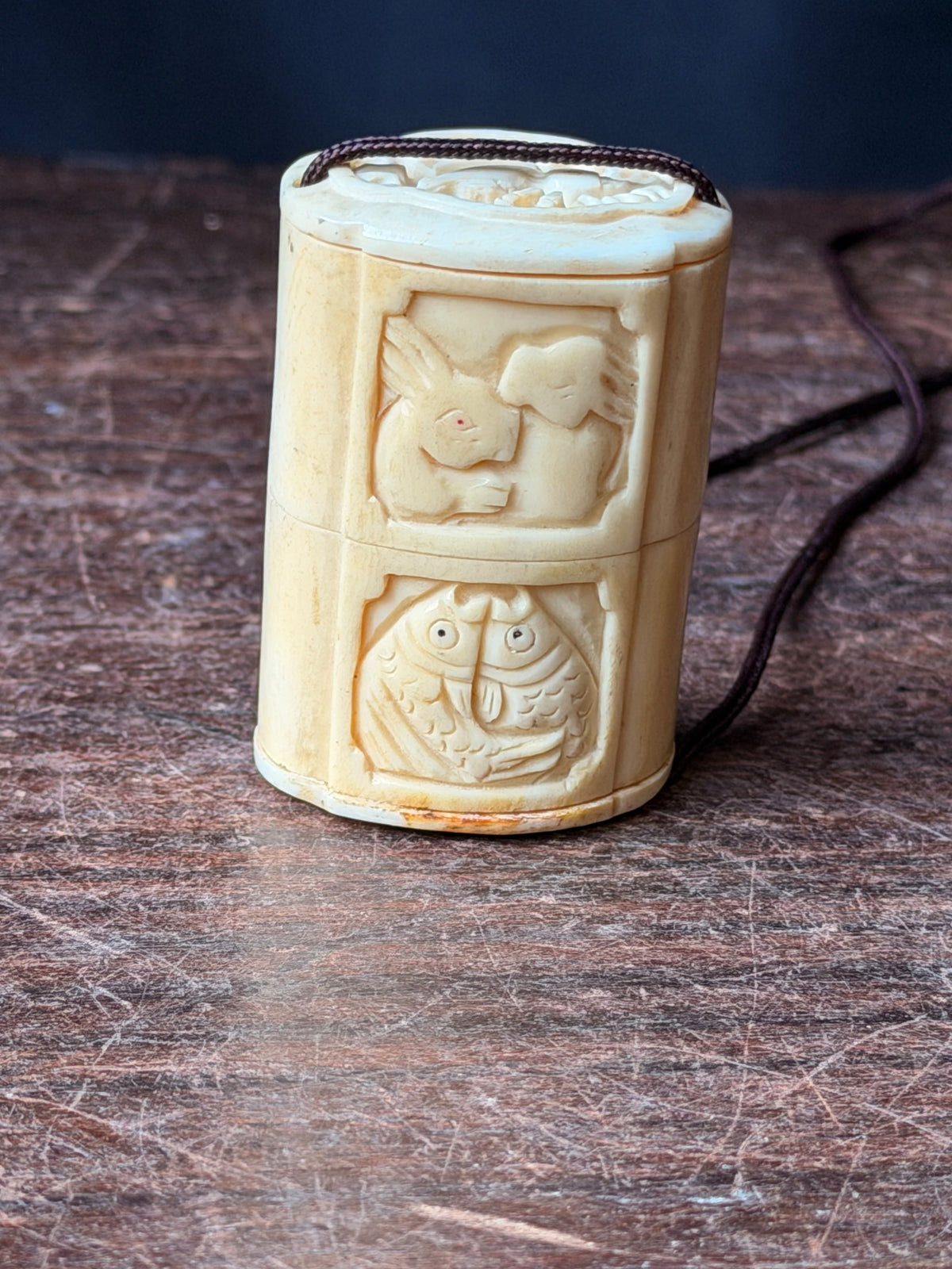Vintage Carved Bovine Bone Inro Two Case Box Rabbits & Carp Openwork Lid 2.2 In