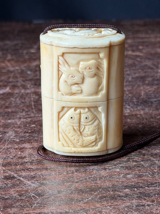 Vintage Carved Bovine Bone Inro Two Case Box Rabbits & Carp Openwork Lid 2.2 In