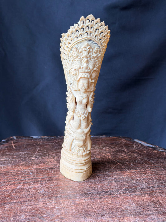 Vintage Balinese Carved Bovine Bone Goddess Statue Openwork Fan Crown 8 In