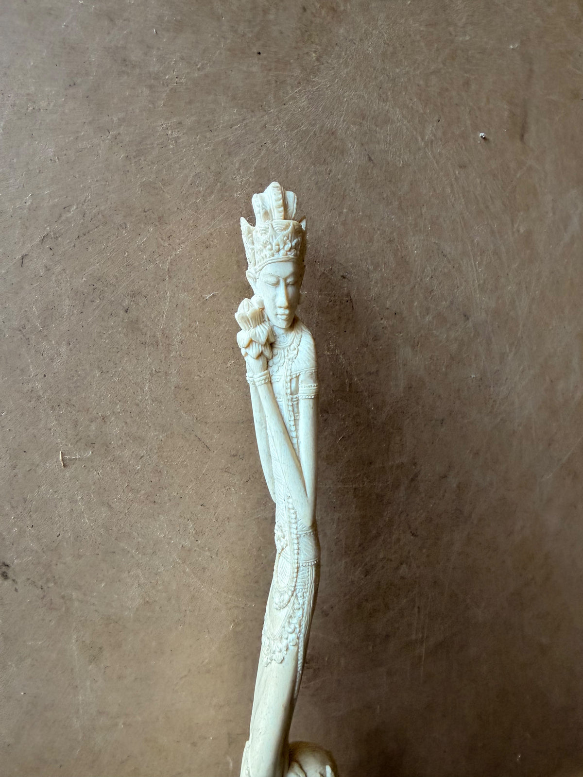 Vintage Balinese Carved Bovine Bone Goddess & Demon Statue Lotus on Stand 12 In