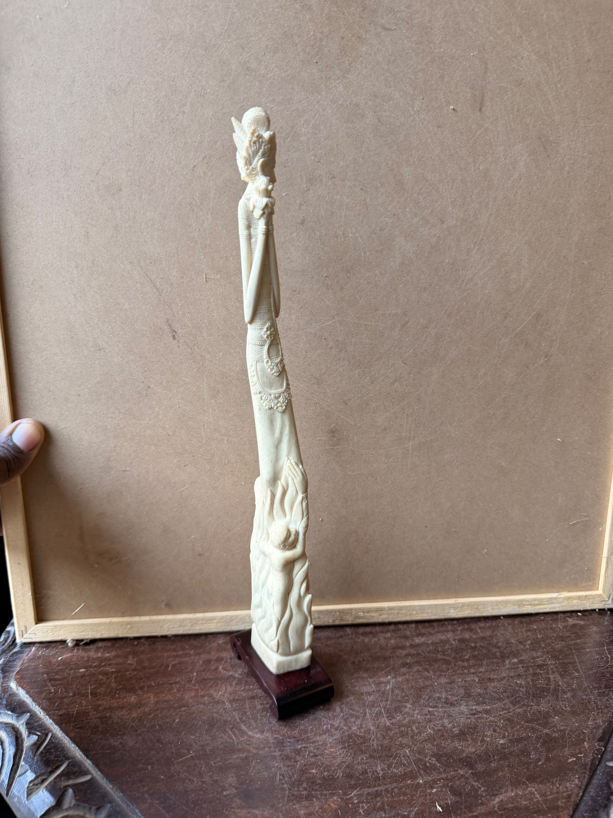 Vintage Balinese Carved Bovine Bone Goddess & Demon Statue Lotus on Stand 12 In