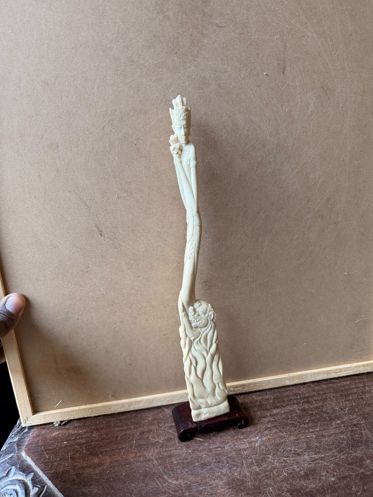 Vintage Balinese Carved Bovine Bone Goddess & Demon Statue Lotus on Stand 12 In