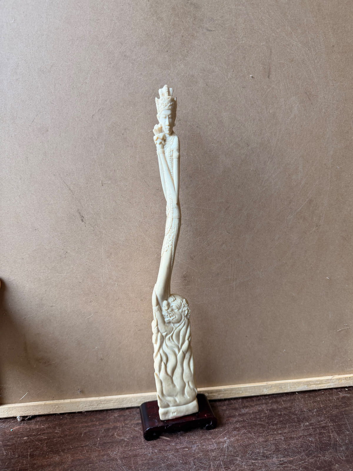 Vintage Balinese Carved Bovine Bone Goddess & Demon Statue Lotus on Stand 12 In
