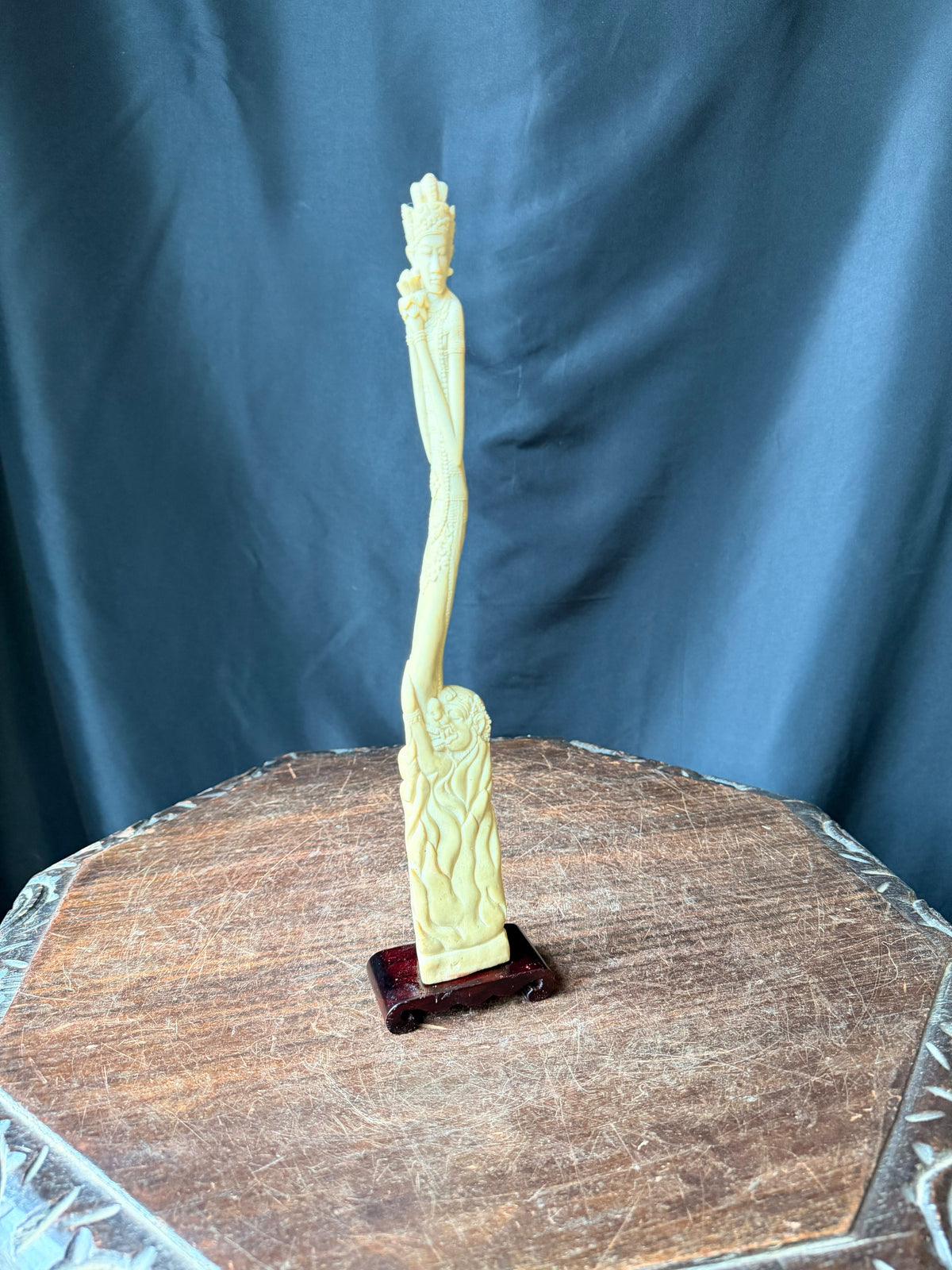 Vintage Balinese Carved Bovine Bone Goddess & Demon Statue Lotus on Stand 12 In