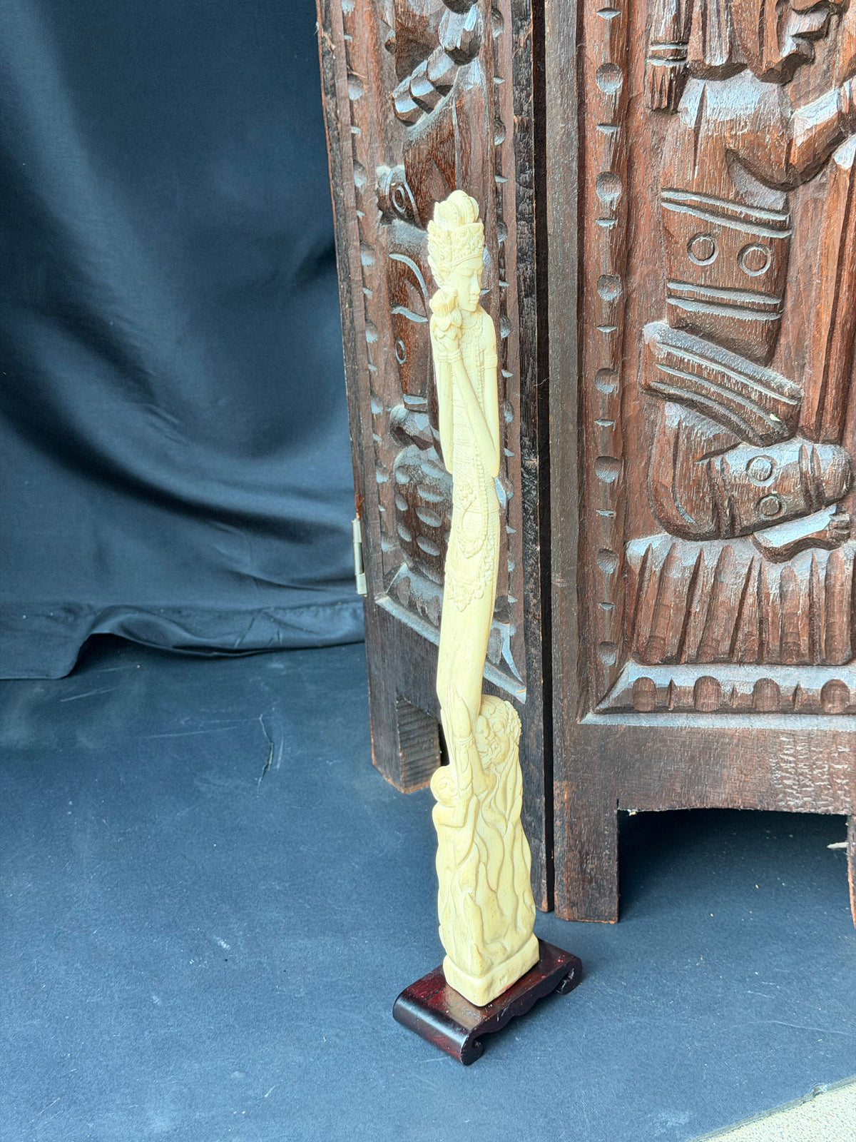 Vintage Balinese Carved Bovine Bone Goddess & Demon Statue Lotus on Stand 12 In