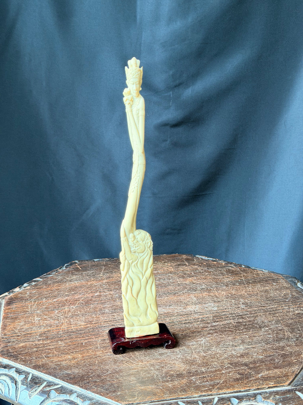 Vintage Balinese Carved Bovine Bone Goddess & Demon Statue Lotus on Stand 12 In
