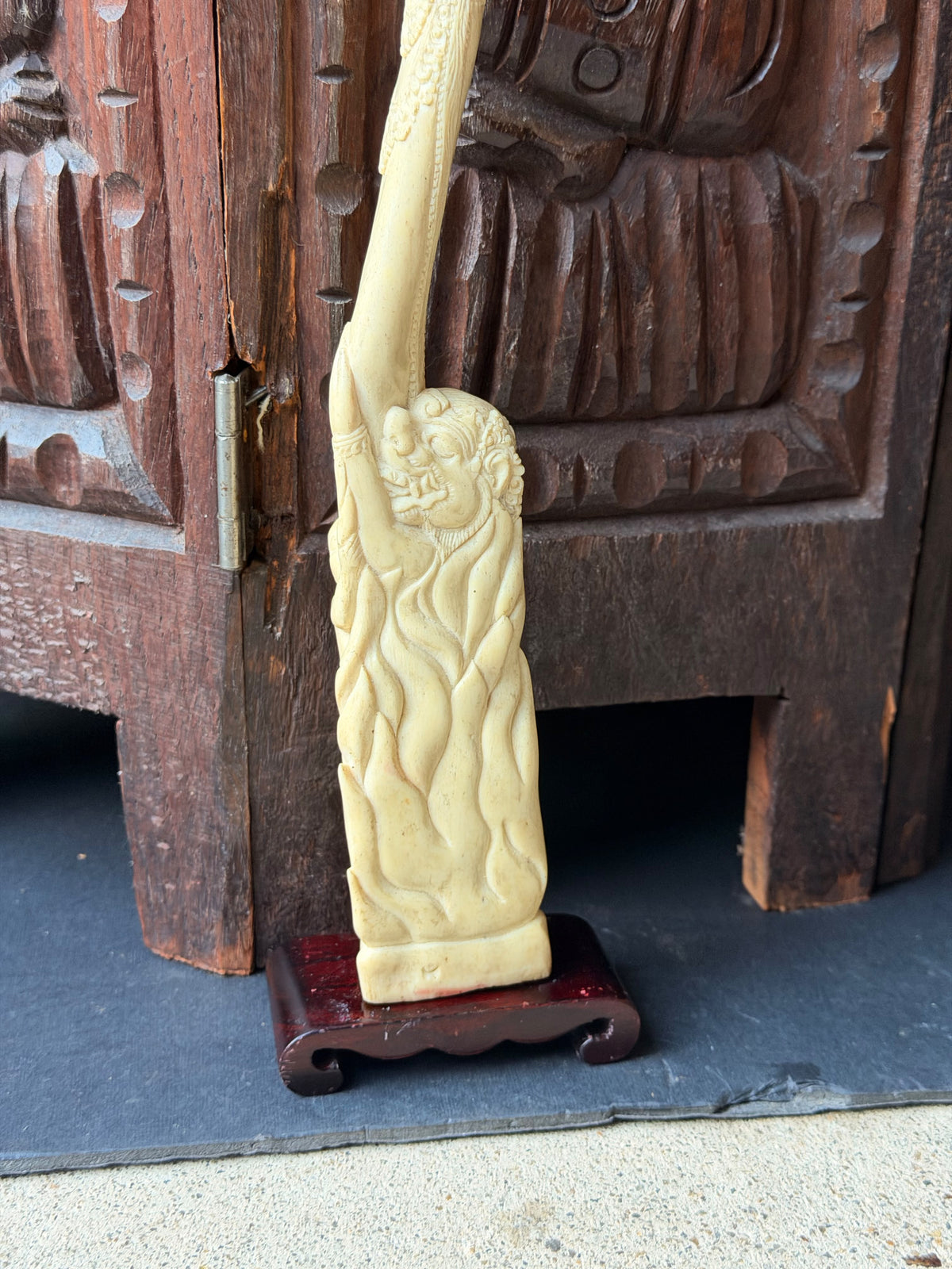 Vintage Balinese Carved Bovine Bone Goddess & Demon Statue Lotus on Stand 12 In