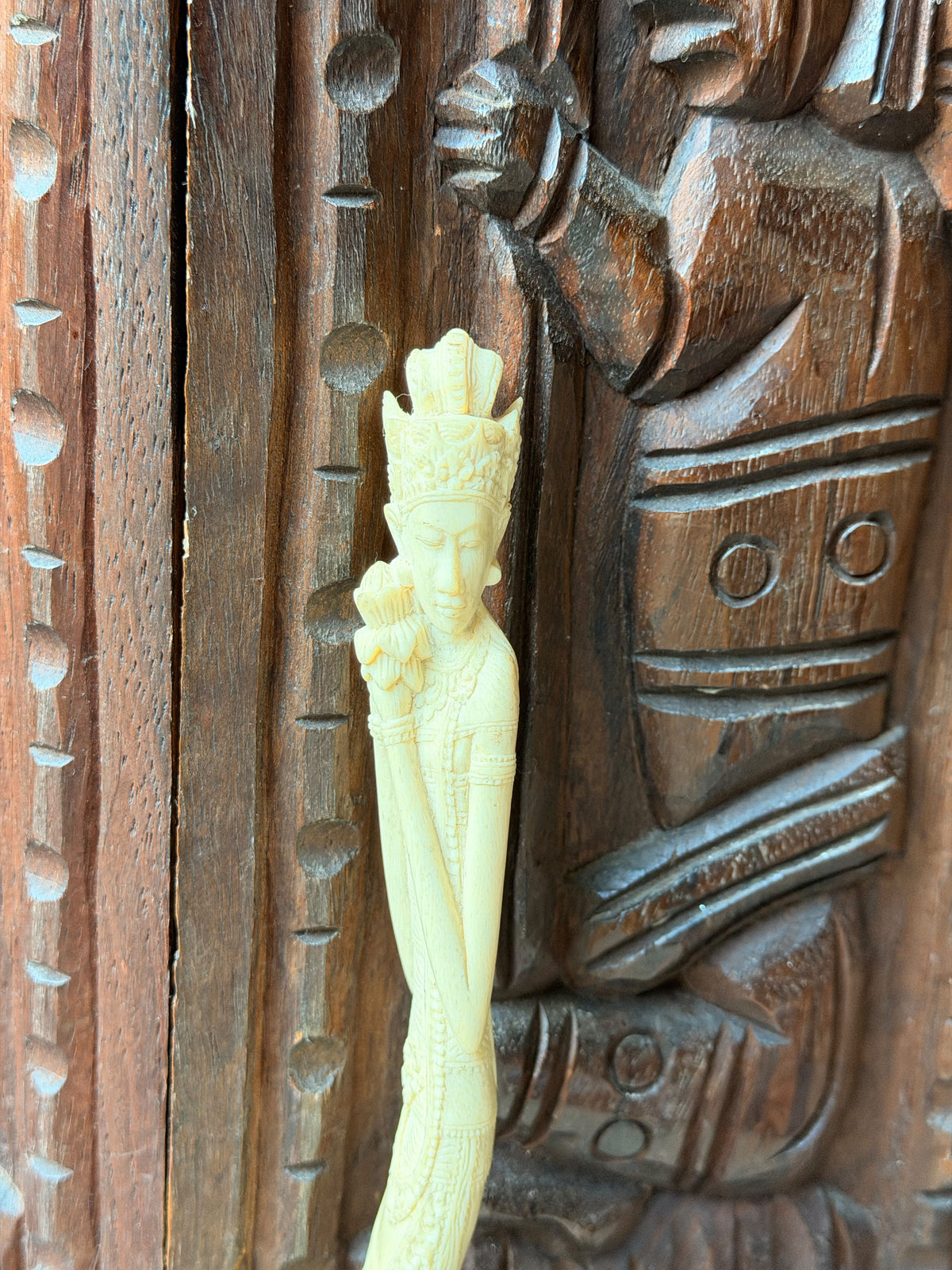 Vintage Balinese Carved Bovine Bone Goddess & Demon Statue Lotus on Stand 12 In