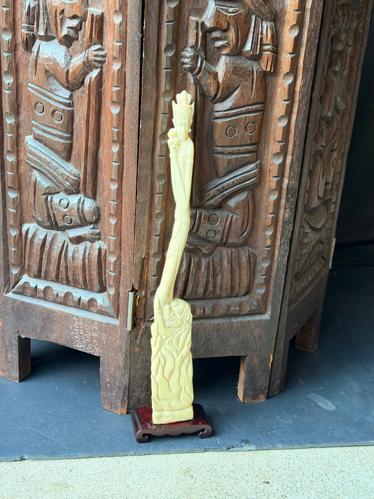 Vintage Balinese Carved Bovine Bone Goddess & Demon Statue Lotus on Stand 12 In