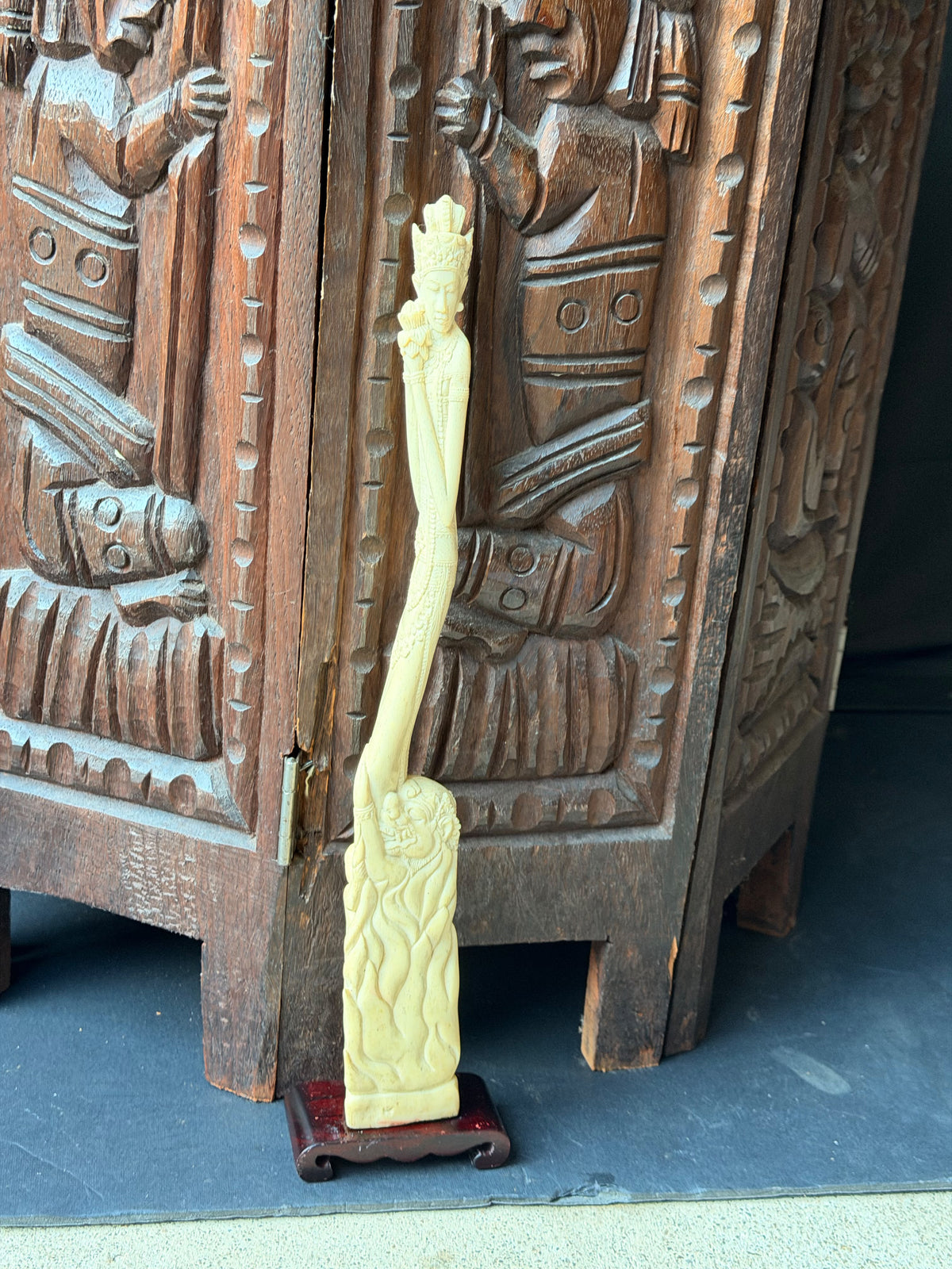 Vintage Balinese Carved Bovine Bone Goddess & Demon Statue Lotus on Stand 12 In