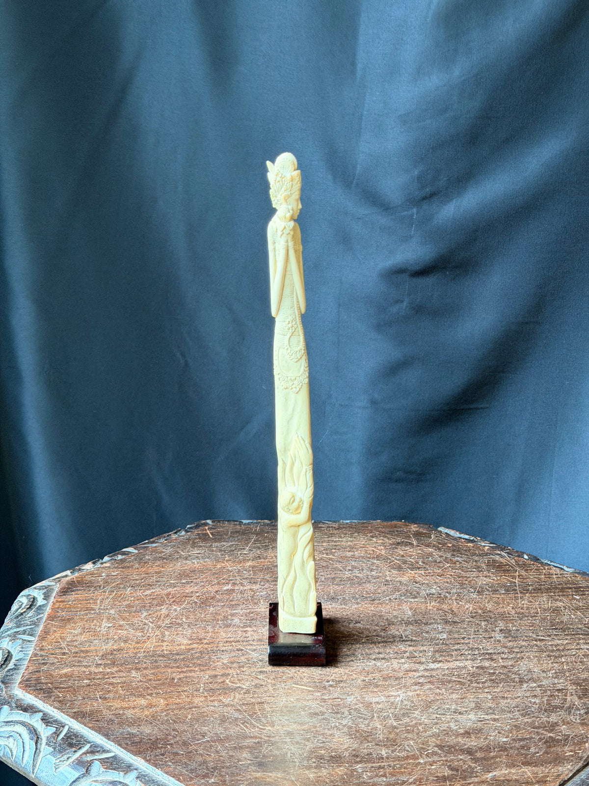 Vintage Balinese Carved Bovine Bone Goddess & Demon Statue Lotus on Stand 12 In