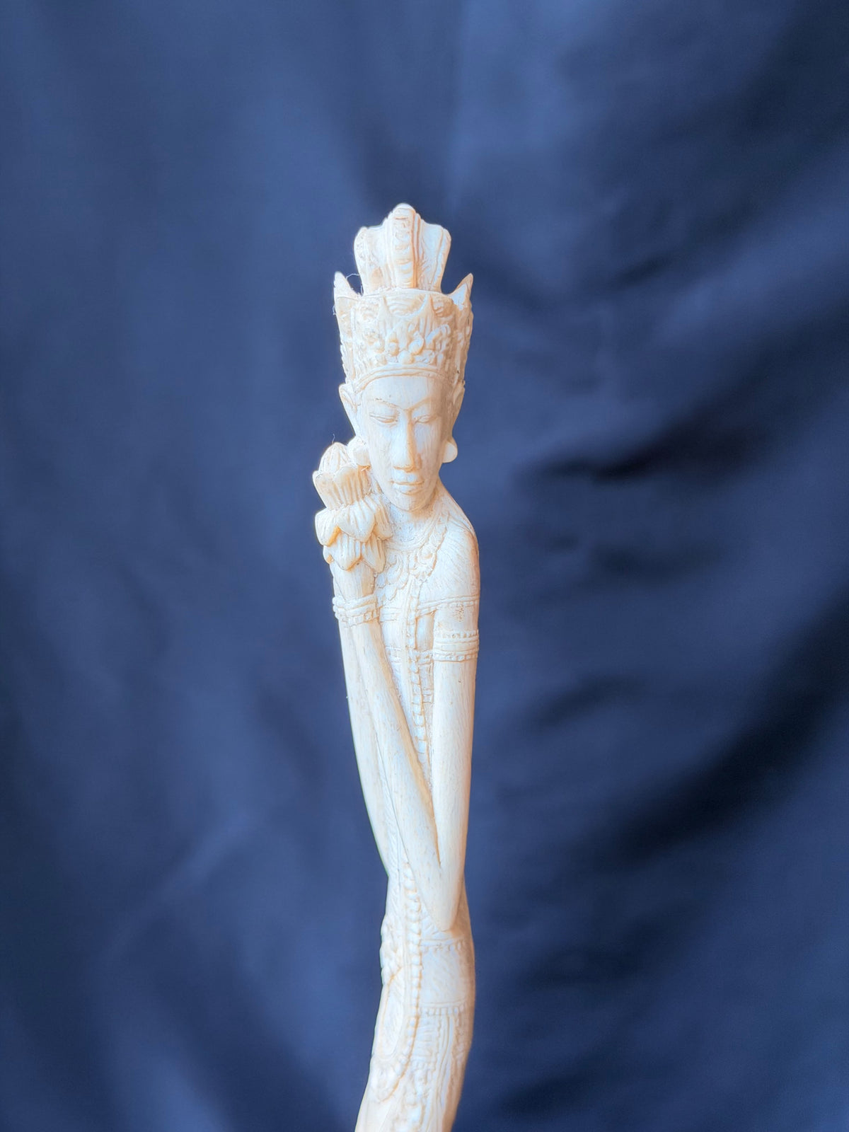 Vintage Balinese Carved Bovine Bone Goddess & Demon Statue Lotus on Stand 12 In