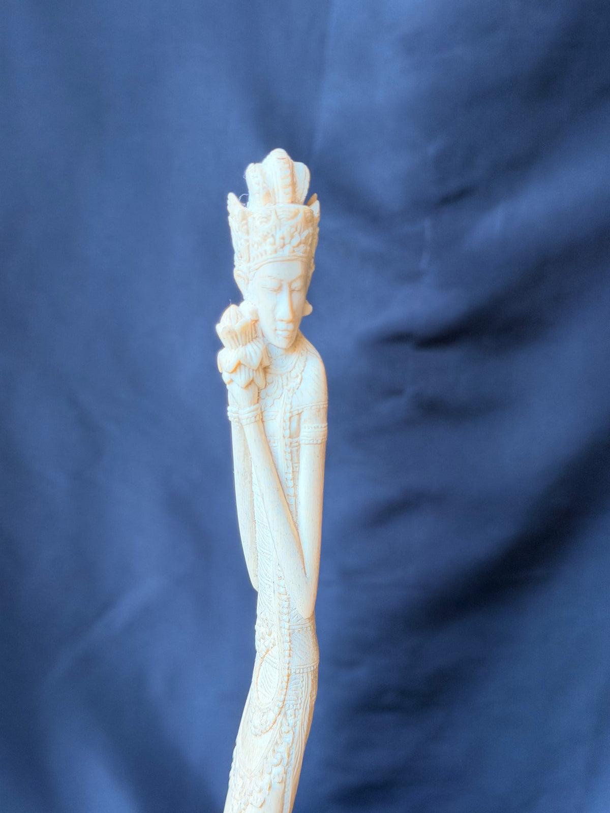 Vintage Balinese Carved Bovine Bone Goddess & Demon Statue Lotus on Stand 12 In
