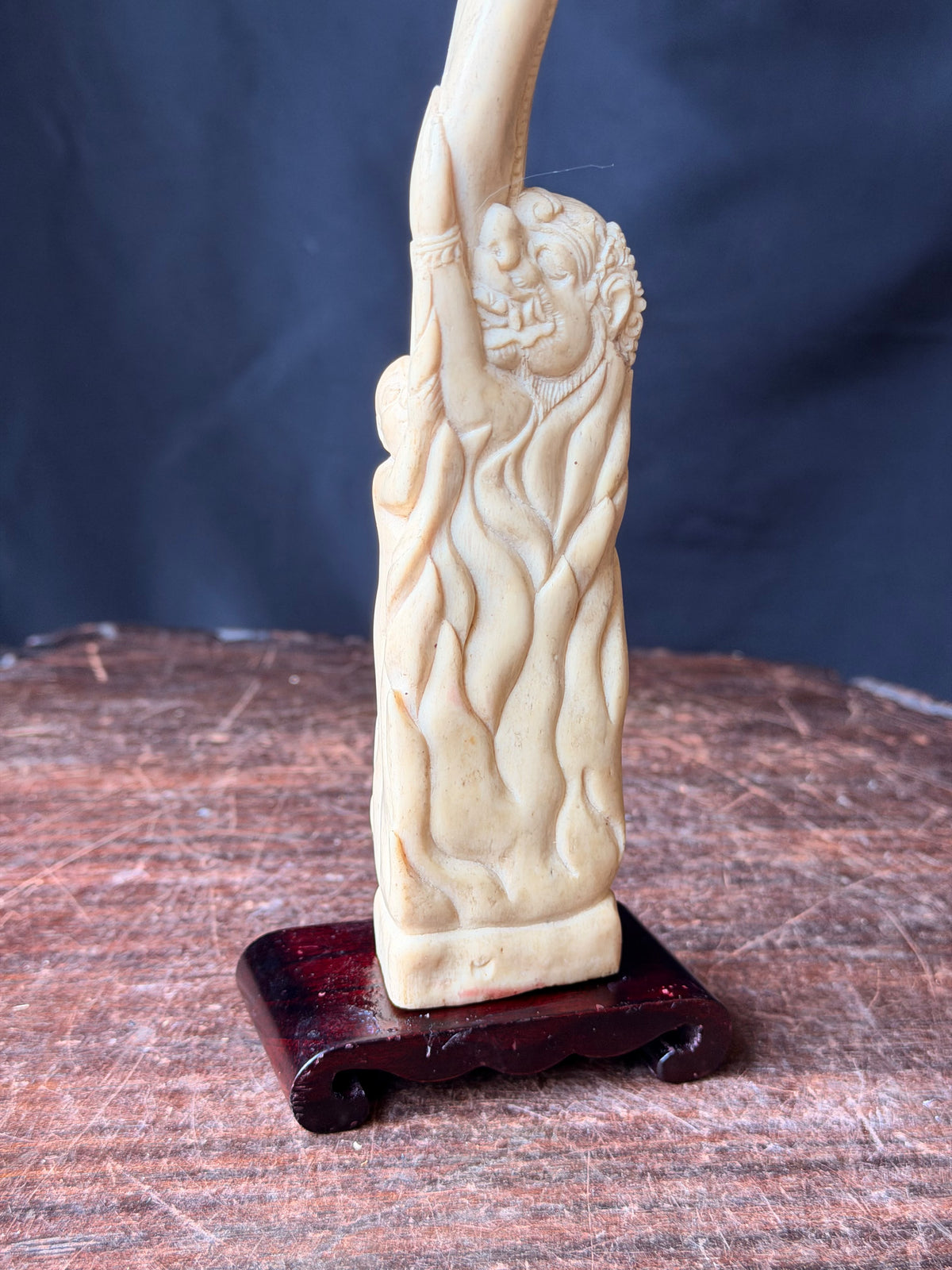 Vintage Balinese Carved Bovine Bone Goddess & Demon Statue Lotus on Stand 12 In