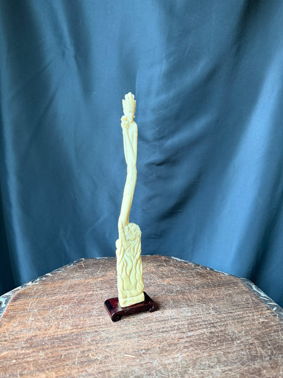 Vintage Balinese Carved Bovine Bone Goddess & Demon Statue Lotus on Stand 12 In
