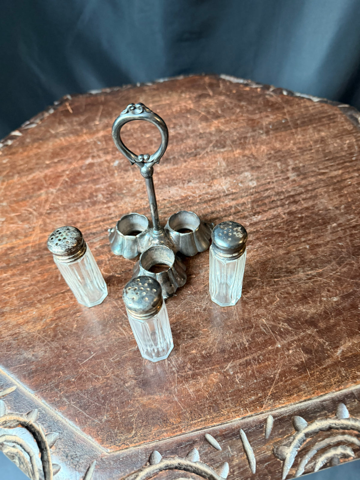 Antique Homan Mfg Co Silverplate 3 Glass Shaker Caster Set with Ring Handle 5"