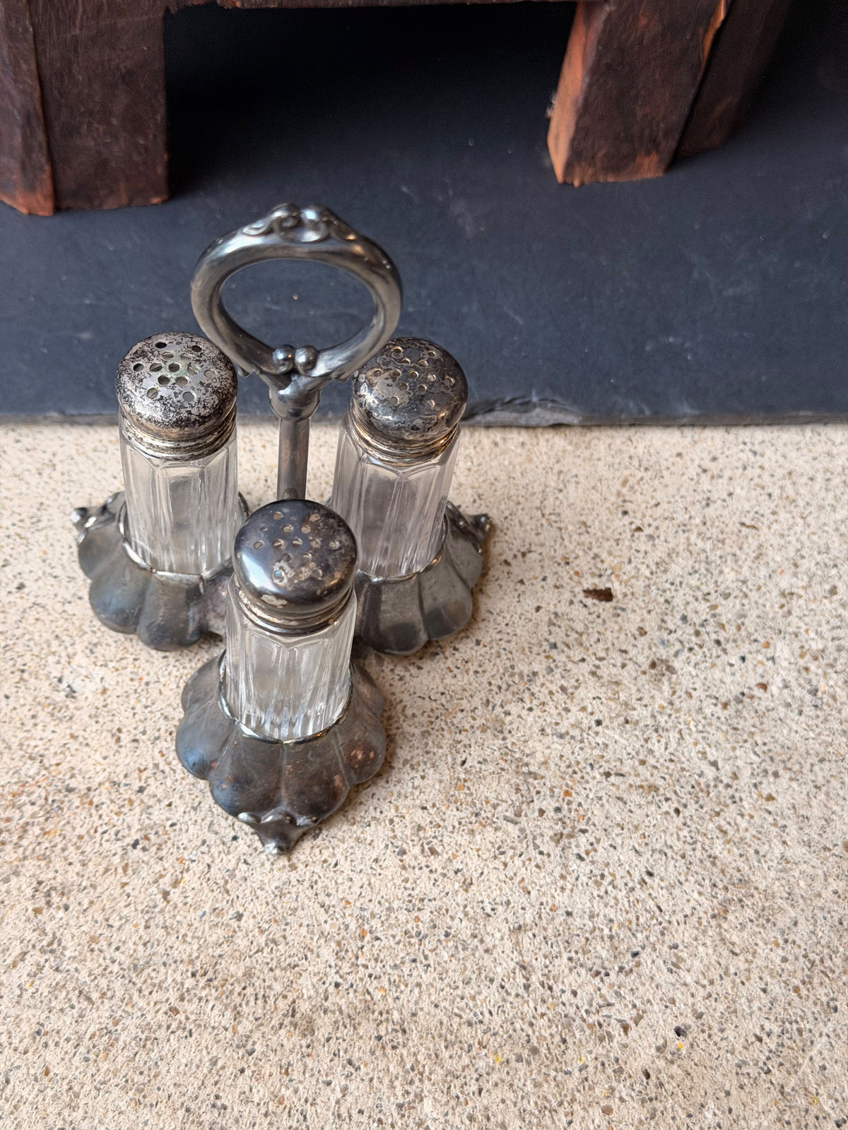 Antique Homan Mfg Co Silverplate 3 Glass Shaker Caster Set with Ring Handle 5"