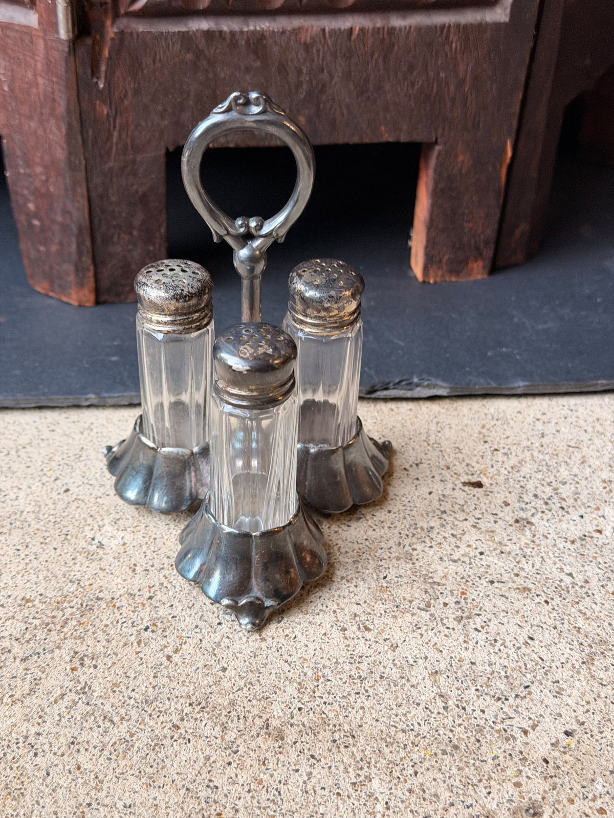 Antique Homan Mfg Co Silverplate 3 Glass Shaker Caster Set with Ring Handle 5"