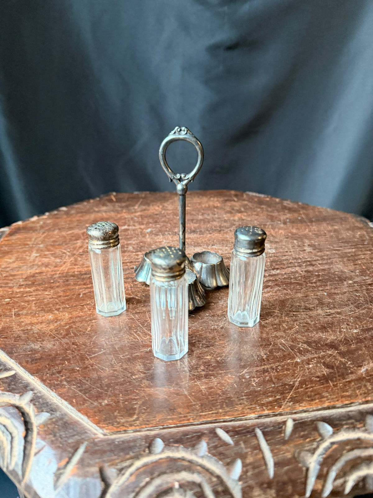 Antique Homan Mfg Co Silverplate 3 Glass Shaker Caster Set with Ring Handle 5"