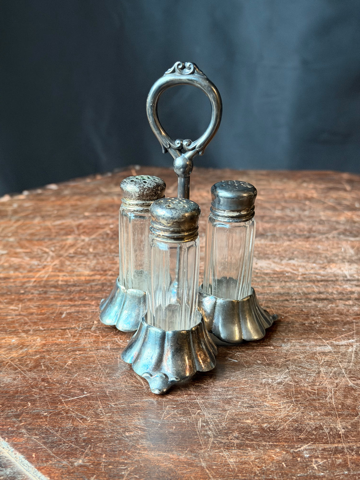 Antique Homan Mfg Co Silverplate 3 Glass Shaker Caster Set with Ring Handle 5"