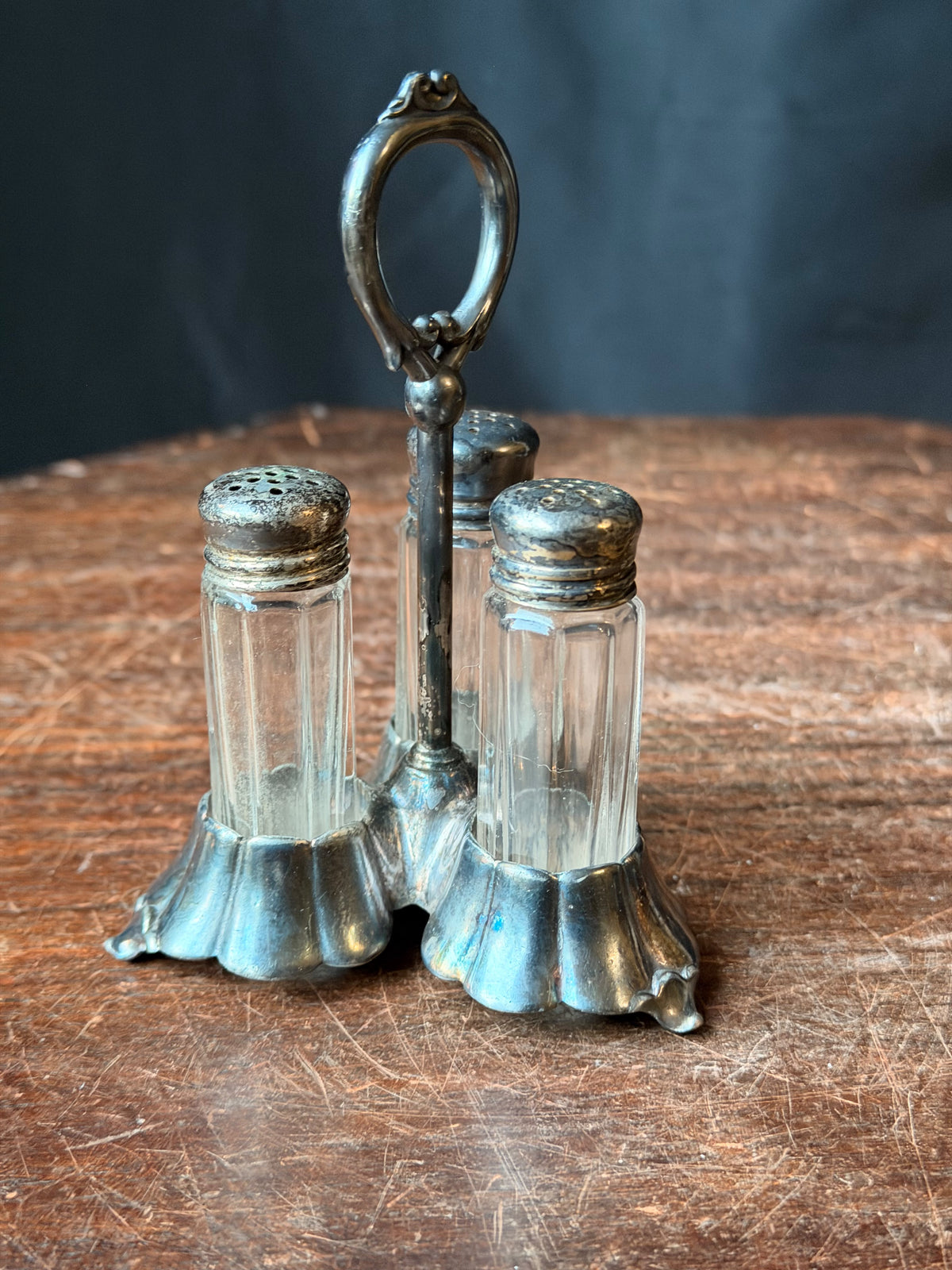 Antique Homan Mfg Co Silverplate 3 Glass Shaker Caster Set with Ring Handle 5"